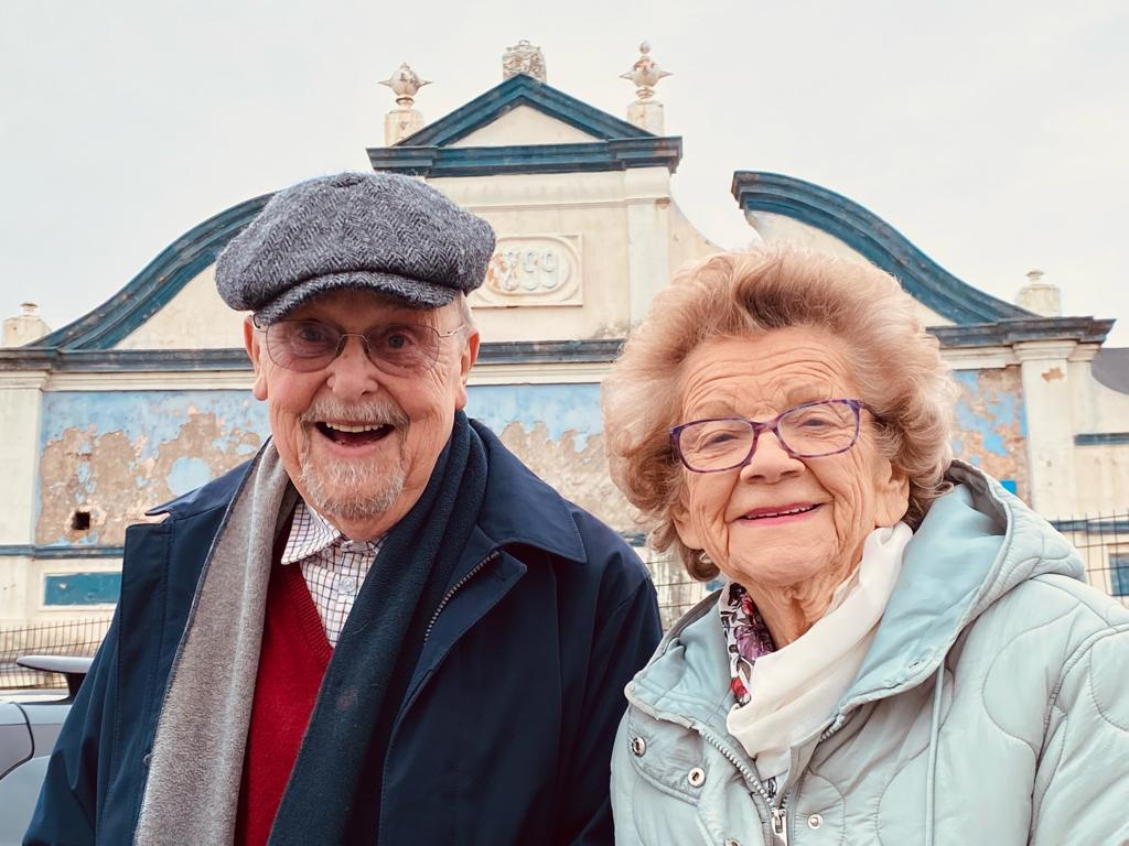Colin Hogg and Margaret Herbert in front of Doncaster Grand Theatre